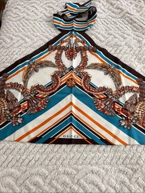 Gucci Silk Halter Scarf Top in Teal, Orange & Brown Shell Print